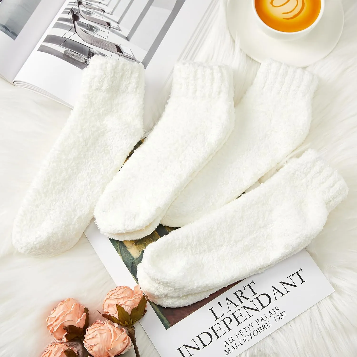 Foaincore 4 Pack Non Slip Hospital Socks for Women Men Non Slip Ankle Fuzzy Socks Thick Warm Festival Gifts