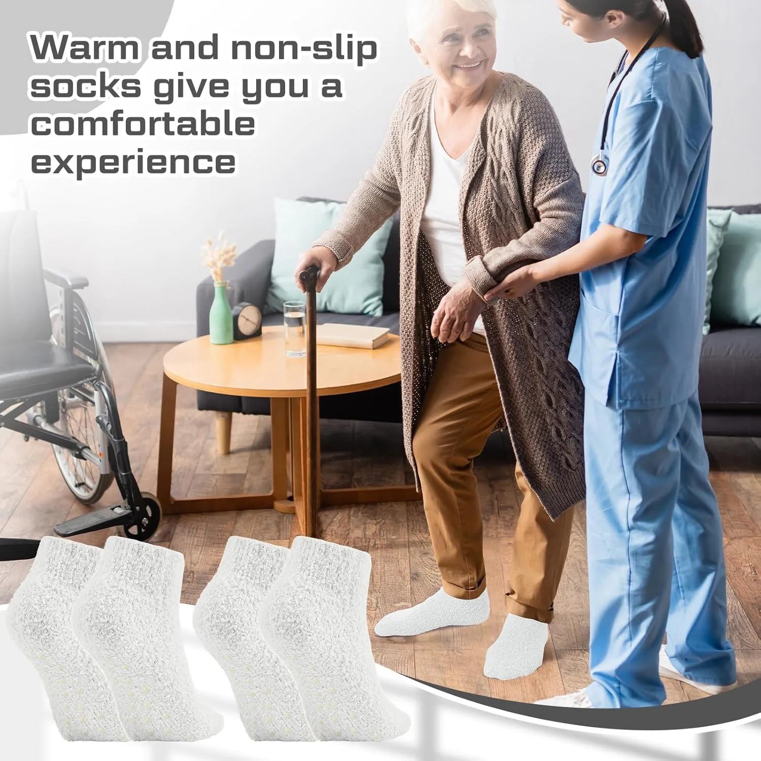 Foaincore 4 Pack Non Slip Hospital Socks for Women Men Non Slip Ankle Fuzzy Socks Thick Warm Festival Gifts