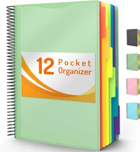 Forvencer 12 Pocket Project Organizer, 1/6-cut Tab Binder Organizer with Sticky Labels, Multi Pocket Folder with Zipper Pouch, Folder Binder Spiral Pocket Notebook, Office Supplies, Antique Green