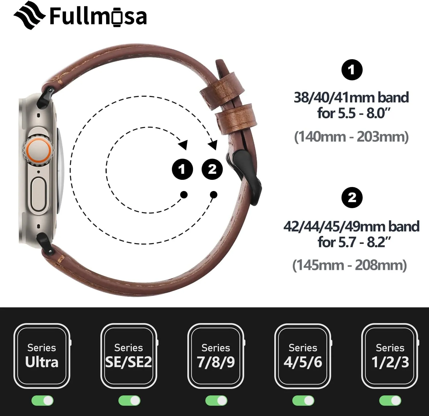 Fullmosa Compatible with Apple Watch Band Retro Leather Apple Watch Ultra 2/Ultra 49mm, Series 10 46mm, 9/8/7 45mm, SE2/SE/6/5/4 44mm, 3/2/1 42mm Band,Brown Black Buckle