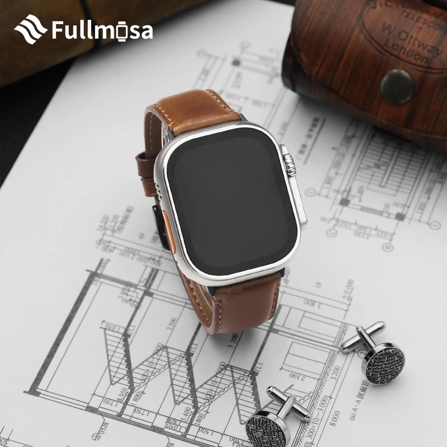 Fullmosa Compatible with Apple Watch Band Retro Leather Apple Watch Ultra 2/Ultra 49mm, Series 10 46mm, 9/8/7 45mm, SE2/SE/6/5/4 44mm, 3/2/1 42mm Band,Brown Black Buckle