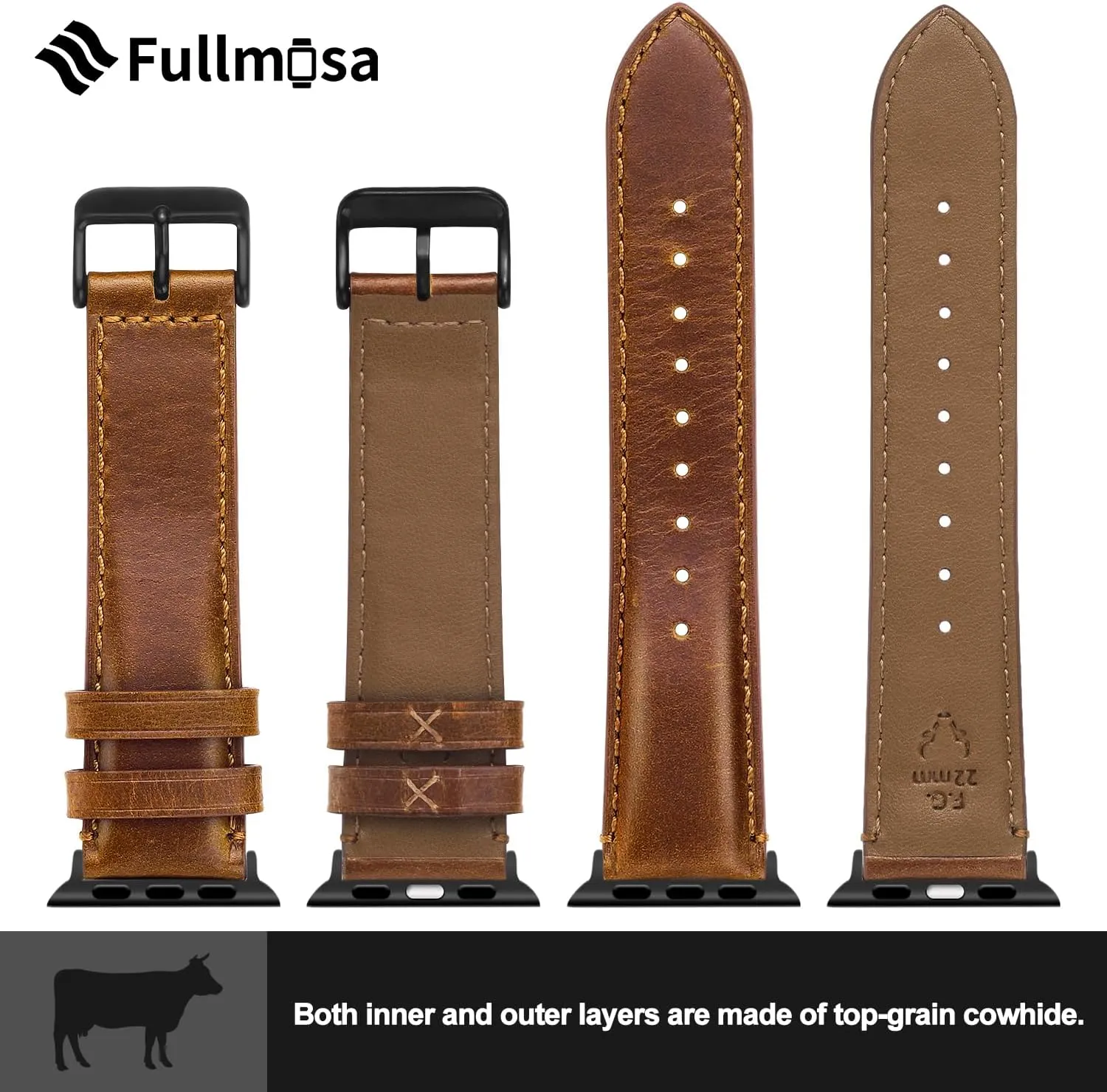 Fullmosa Compatible with Apple Watch Band Retro Leather Apple Watch Ultra 2/Ultra 49mm, Series 10 46mm, 9/8/7 45mm, SE2/SE/6/5/4 44mm, 3/2/1 42mm Band,Brown Black Buckle