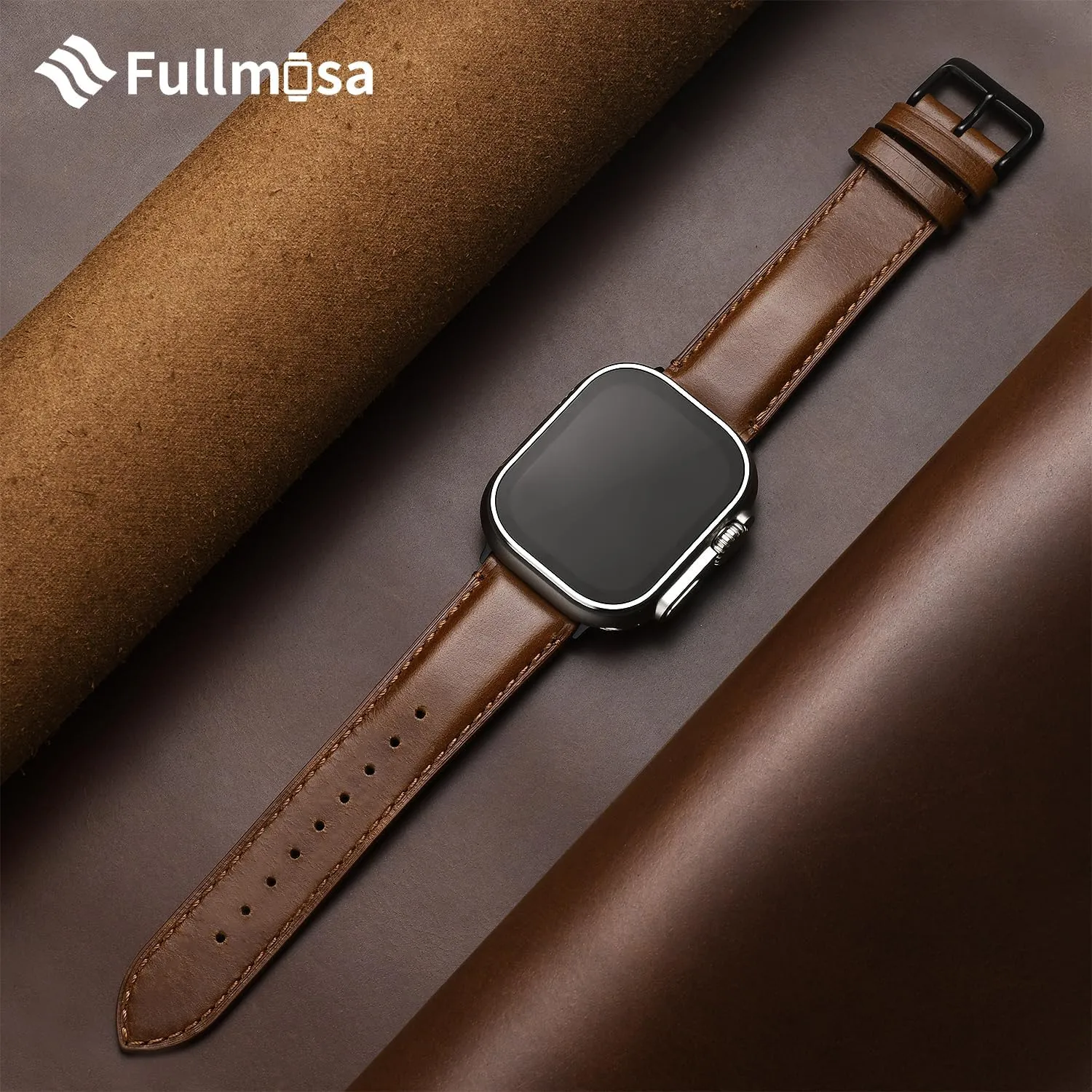Fullmosa Compatible with Apple Watch Band Retro Leather Apple Watch Ultra 2/Ultra 49mm, Series 10 46mm, 9/8/7 45mm, SE2/SE/6/5/4 44mm, 3/2/1 42mm Band,Brown Black Buckle