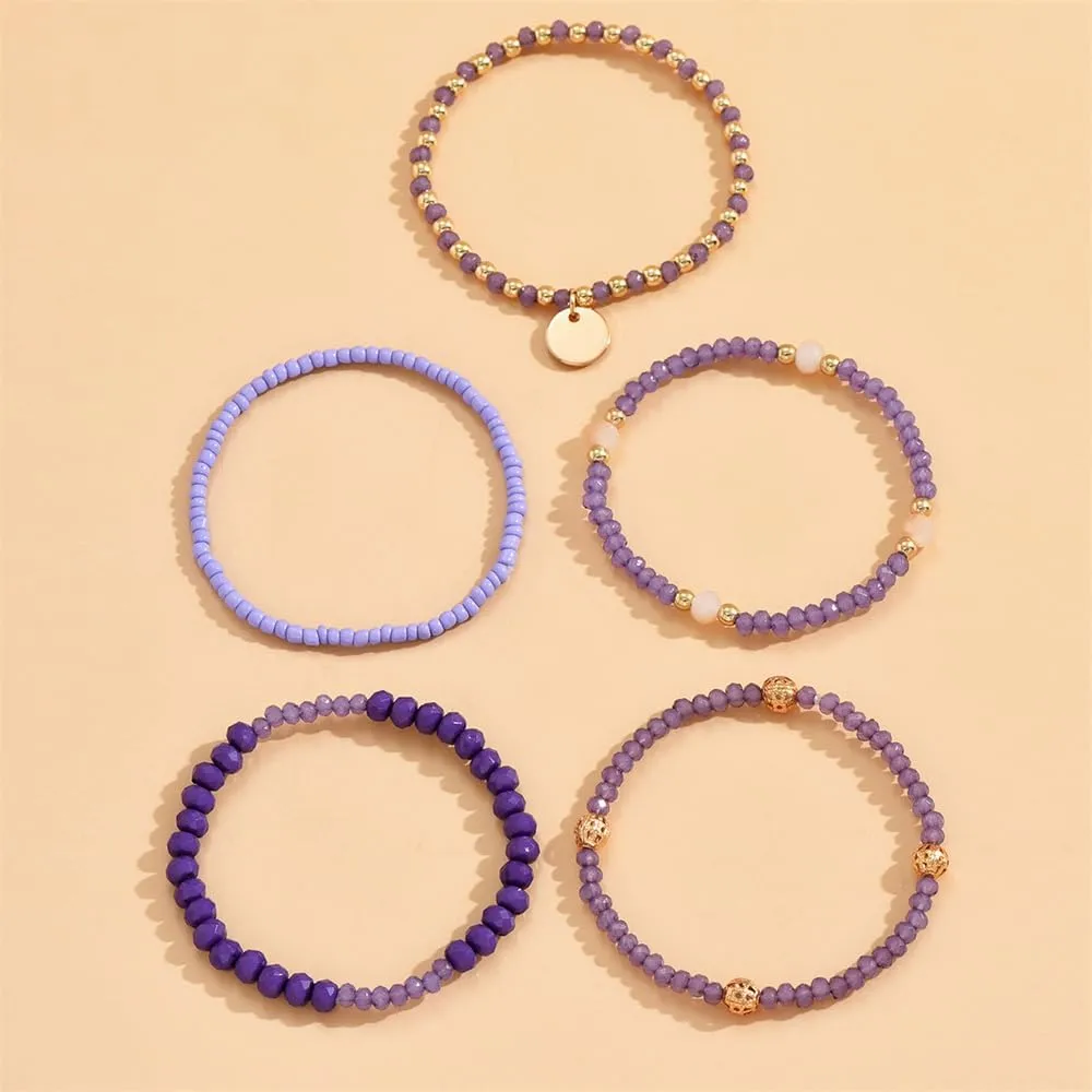 Fuqimanman2020 5Pcs Boho Crystal Beaded Stackable Stretch Bracelets for Women Colorful Multilayered Rice Beaded Adjustable Bracelet Set Summer Beach Bohemian Jewelry Gift