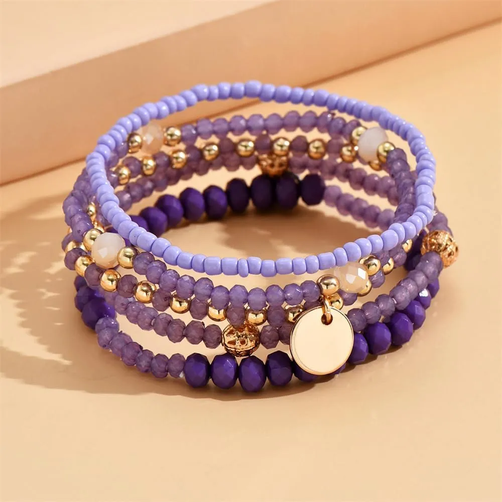 Fuqimanman2020 5Pcs Boho Crystal Beaded Stackable Stretch Bracelets for Women Colorful Multilayered Rice Beaded Adjustable Bracelet Set Summer Beach Bohemian Jewelry Gift