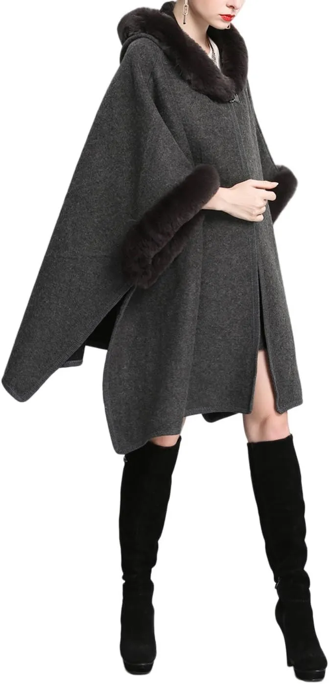 Gihuo Women's Luxury Batwing Sleeve Faux Fur Hooded Cloak Poncho Sweater Cape