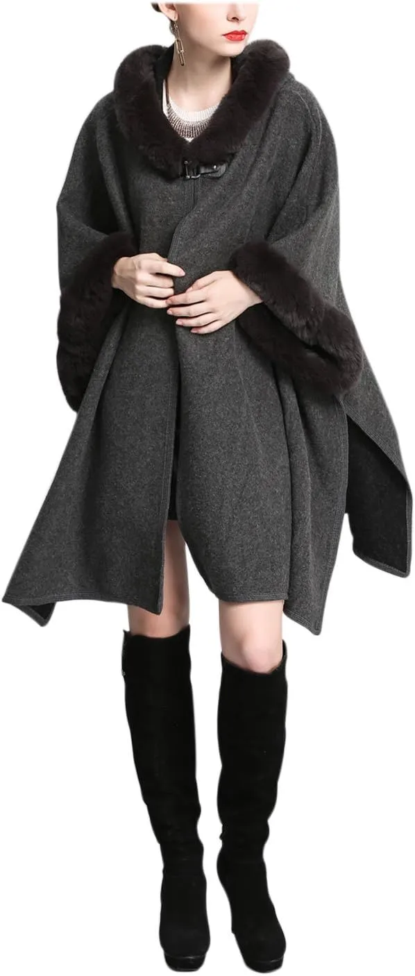 Gihuo Women's Luxury Batwing Sleeve Faux Fur Hooded Cloak Poncho Sweater Cape