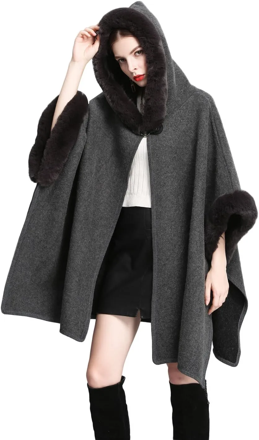 Gihuo Women's Luxury Batwing Sleeve Faux Fur Hooded Cloak Poncho Sweater Cape