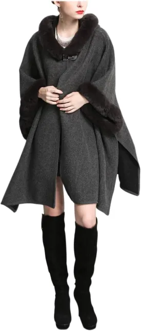 Gihuo Women's Luxury Batwing Sleeve Faux Fur Hooded Cloak Poncho Sweater Cape