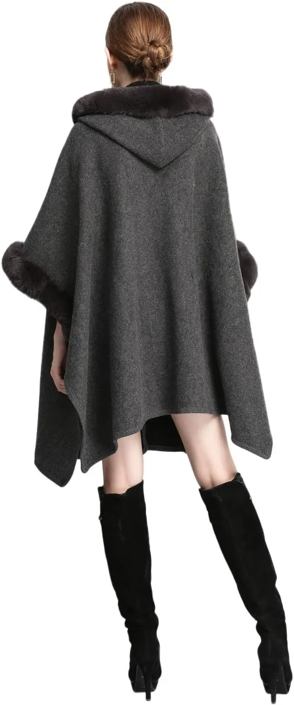 Gihuo Women's Luxury Batwing Sleeve Faux Fur Hooded Cloak Poncho Sweater Cape