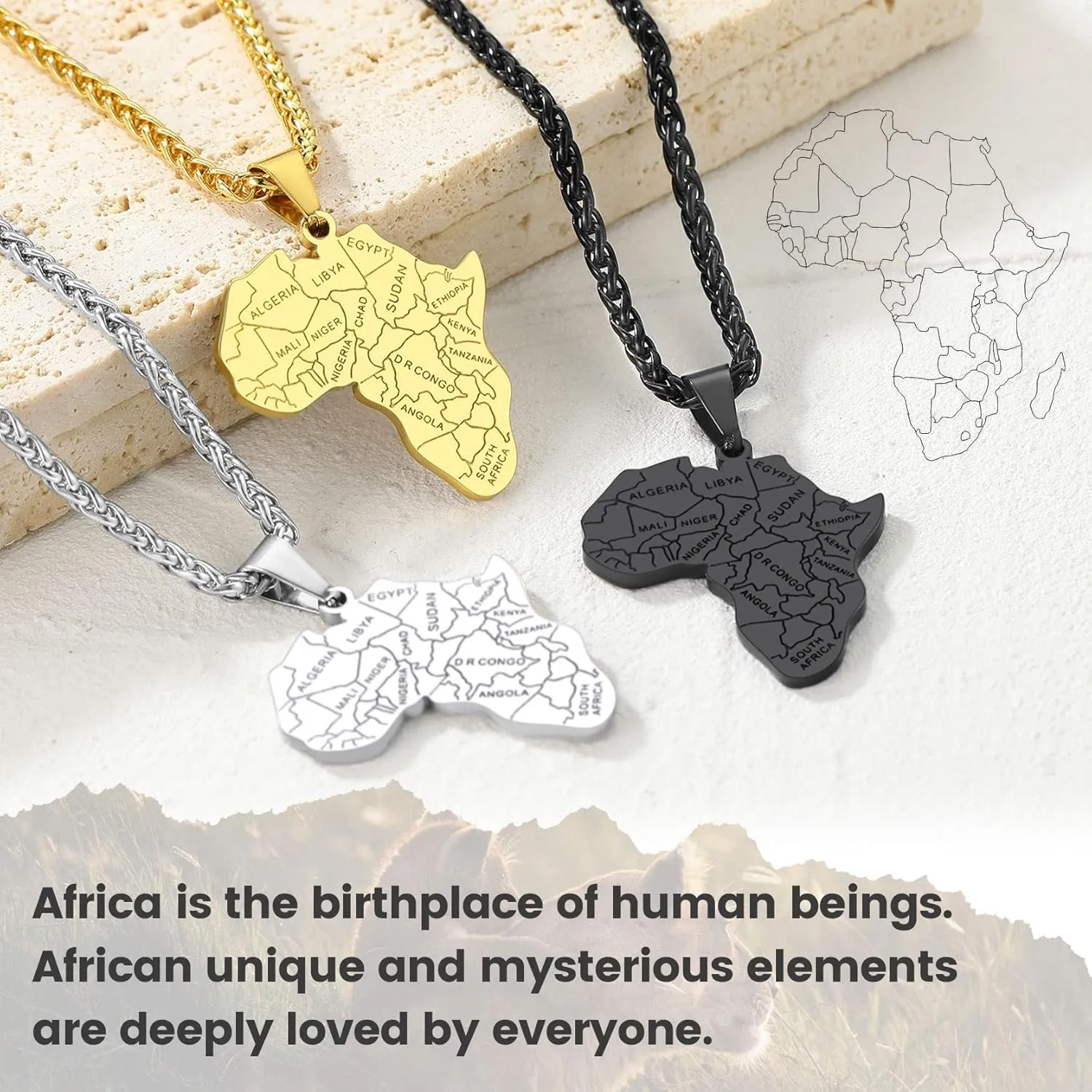 GOLDCHIC JEWELRY Africa Map Necklace for Men, Stainless Steel African Tribal/Egyptian Eye of Horus/I LOVE AFRICA/Elephant Map Hiphop Jewelry Unisex with 22' 2'Adjustable Chain