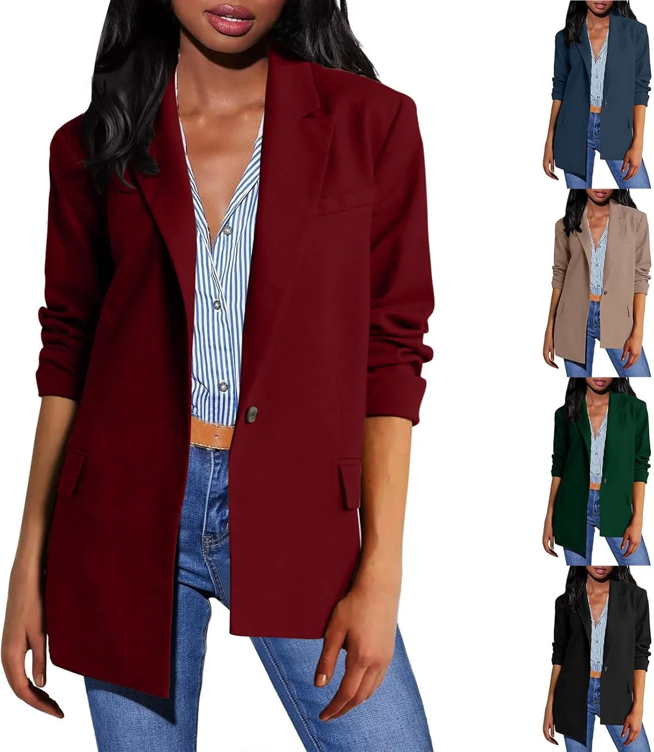 HGps8w Women's Shoulder Pad Casual Blazers Outerwear, Loose Long Sleeve Open Front Work Business Suit Jacket with Pockets