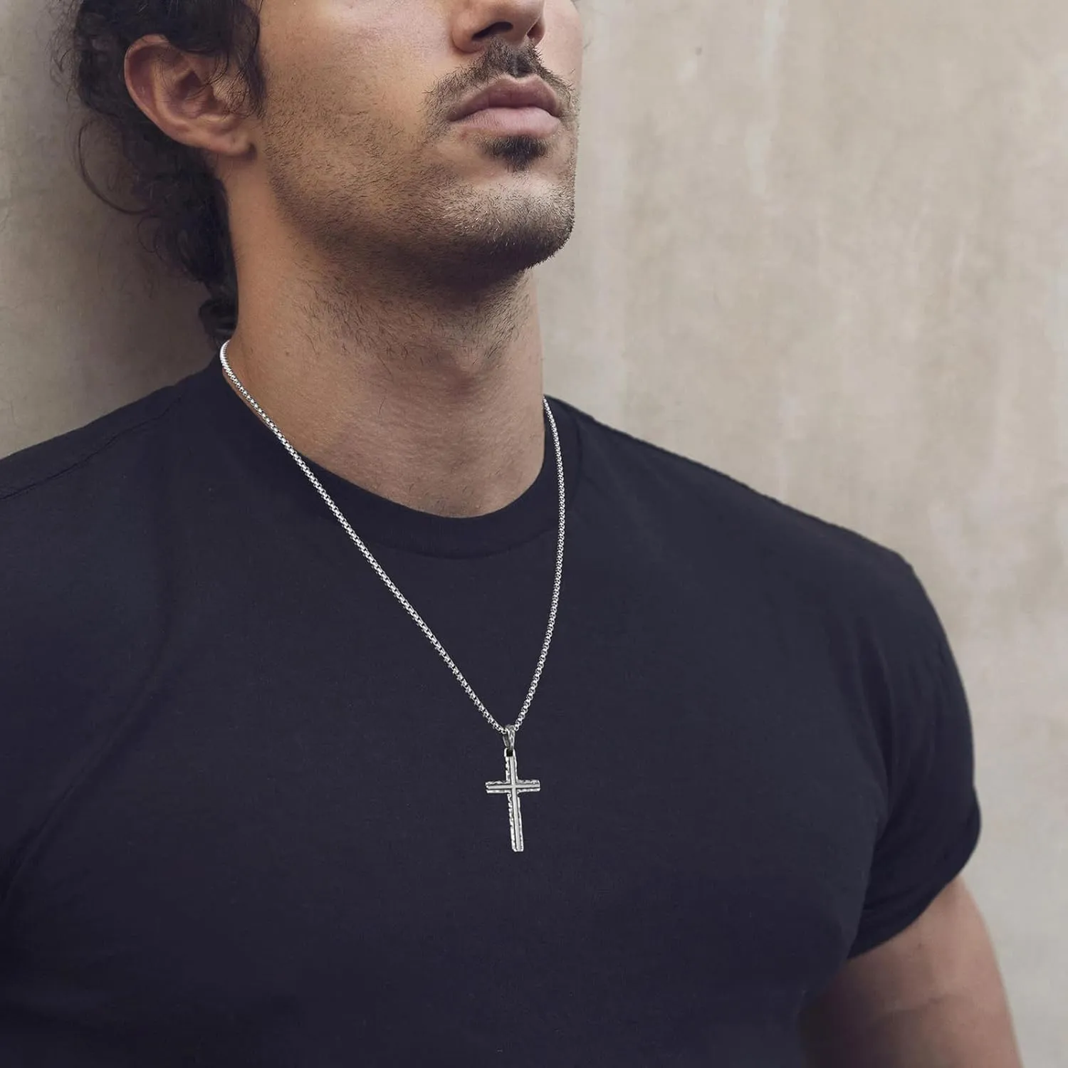 HZMAN Cross Necklace for Men Retro Stainless Steel Hammered Cross Pendant Necklace Jewelry Gift