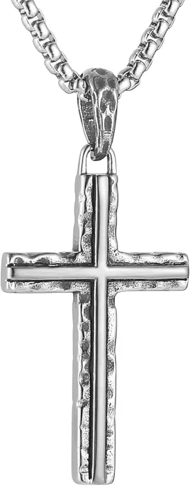 HZMAN Cross Necklace for Men Retro Stainless Steel Hammered Cross Pendant Necklace Jewelry Gift