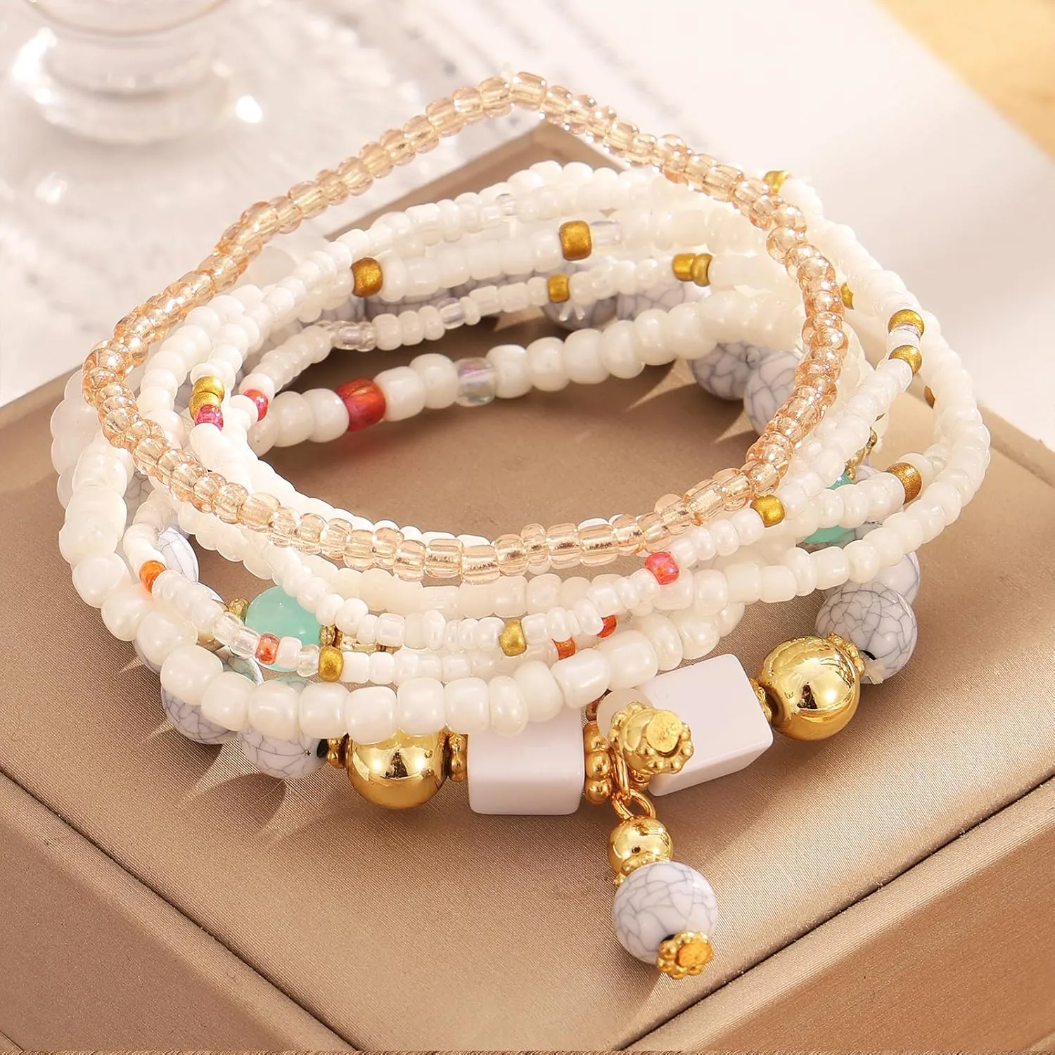 IFKM 8PCS Beaded Bracelets for Women, Multilayered Stackable Strand Stretch Bead Bracelet Pack Handmade Trendy Bohemian Charm Jewelry