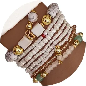 IFKM 8PCS Beaded Bracelets for Women, Multilayered Stackable Strand Stretch Bead Bracelet Pack Handmade Trendy Bohemian Charm Jewelry