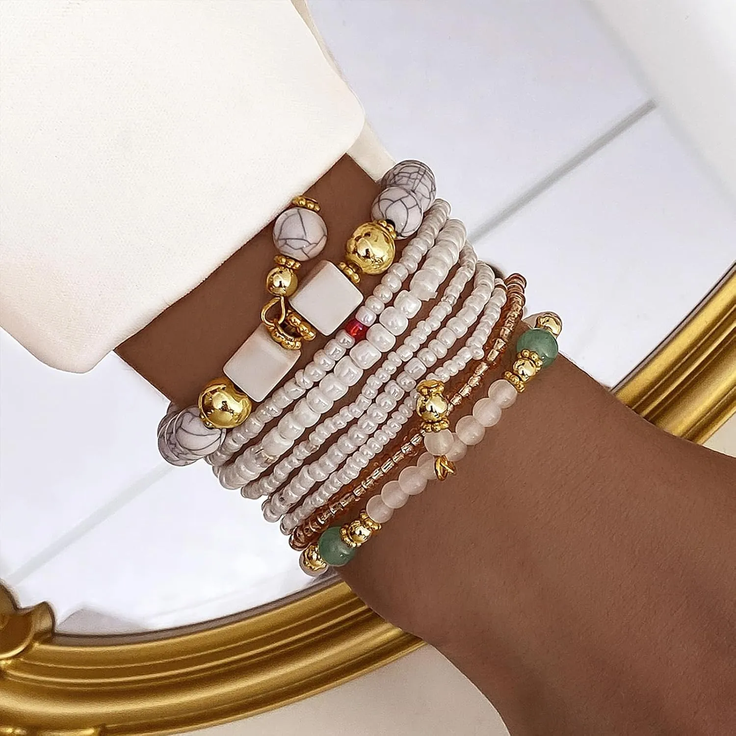 IFKM 8PCS Beaded Bracelets for Women, Multilayered Stackable Strand Stretch Bead Bracelet Pack Handmade Trendy Bohemian Charm Jewelry