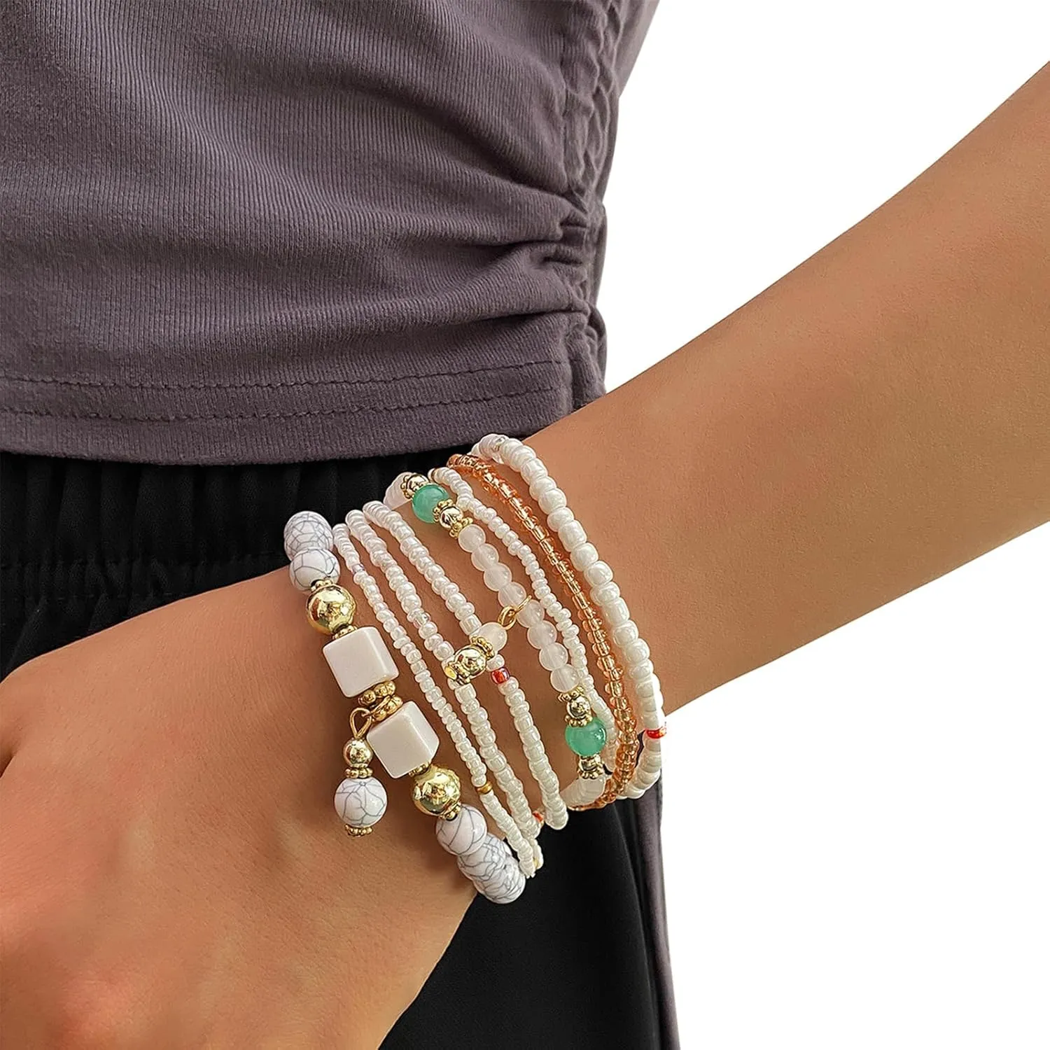 IFKM 8PCS Beaded Bracelets for Women, Multilayered Stackable Strand Stretch Bead Bracelet Pack Handmade Trendy Bohemian Charm Jewelry