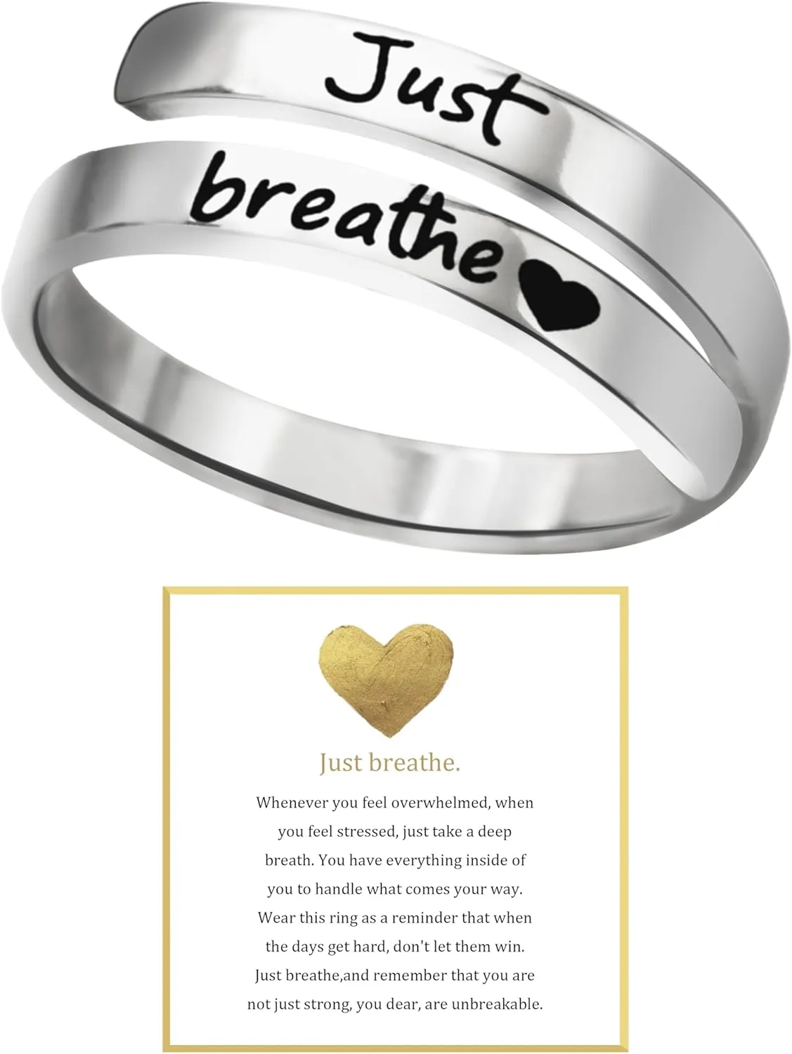 Just Breathe Ring for Women, Adjustable Heart Ring, Stainless Steel Spiral Wrap Healing Rings, Inspirational & Heart felt Gift