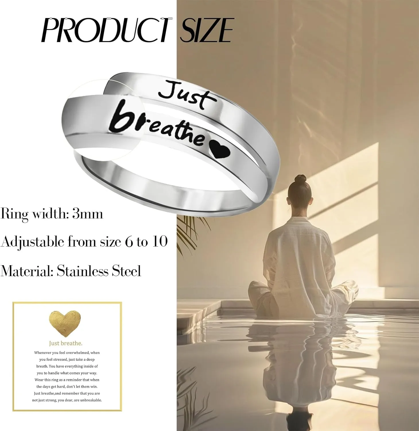 Just Breathe Ring for Women, Adjustable Heart Ring, Stainless Steel Spiral Wrap Healing Rings, Inspirational & Heart felt Gift