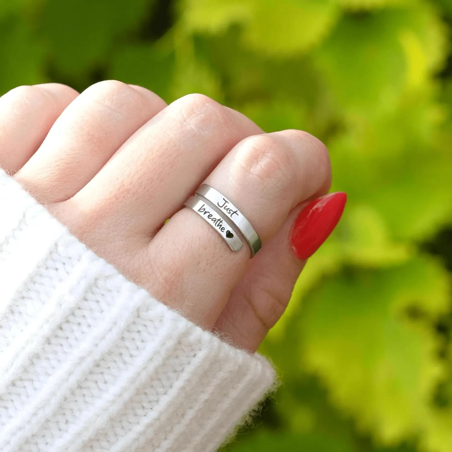 Just Breathe Ring for Women, Adjustable Heart Ring, Stainless Steel Spiral Wrap Healing Rings, Inspirational & Heart felt Gift