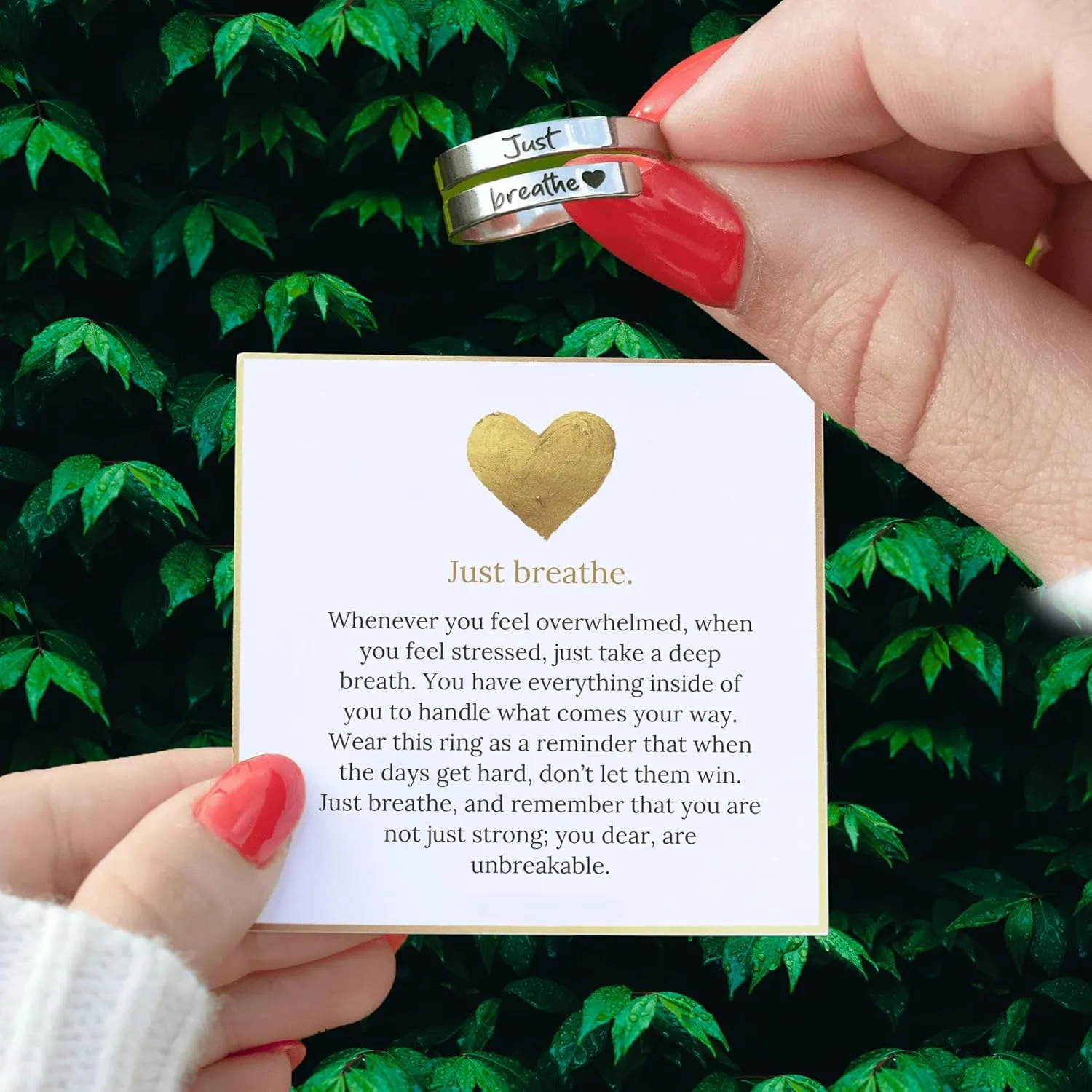 Just Breathe Ring for Women, Adjustable Heart Ring, Stainless Steel Spiral Wrap Healing Rings, Inspirational & Heart felt Gift