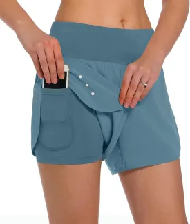 Ksmien Women's 2 in 1 Running Shorts - Lightweight Athletic Workout Gym Yoga Shorts Liner with Phone Pockets