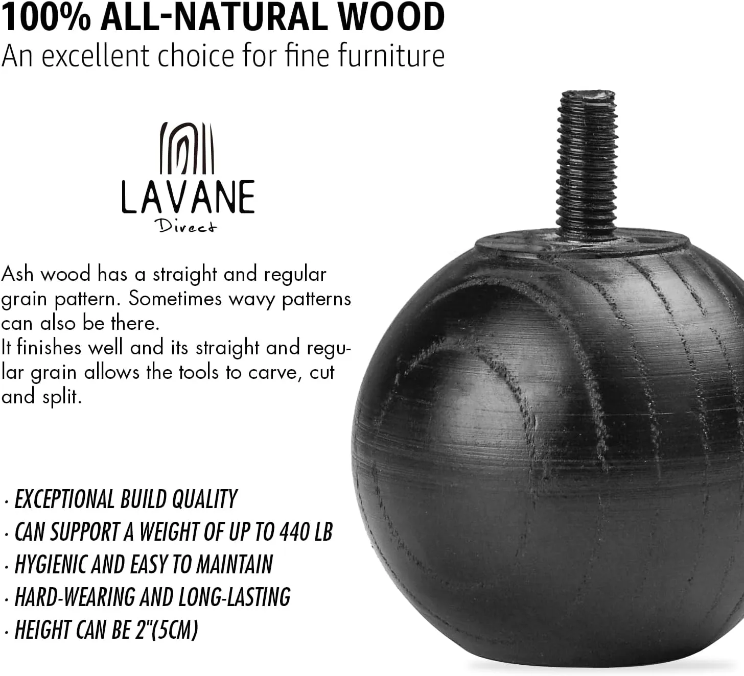 La Vane 2 inch Ash Wood Round Small Ball Furniture Bed Legs, Set of 4 Minimalist Modern Wooden Replacement Bun Feet Black with with M8 Bolt & Mounting Plate for Bed Sofa Dresser Cupboard Cabinet