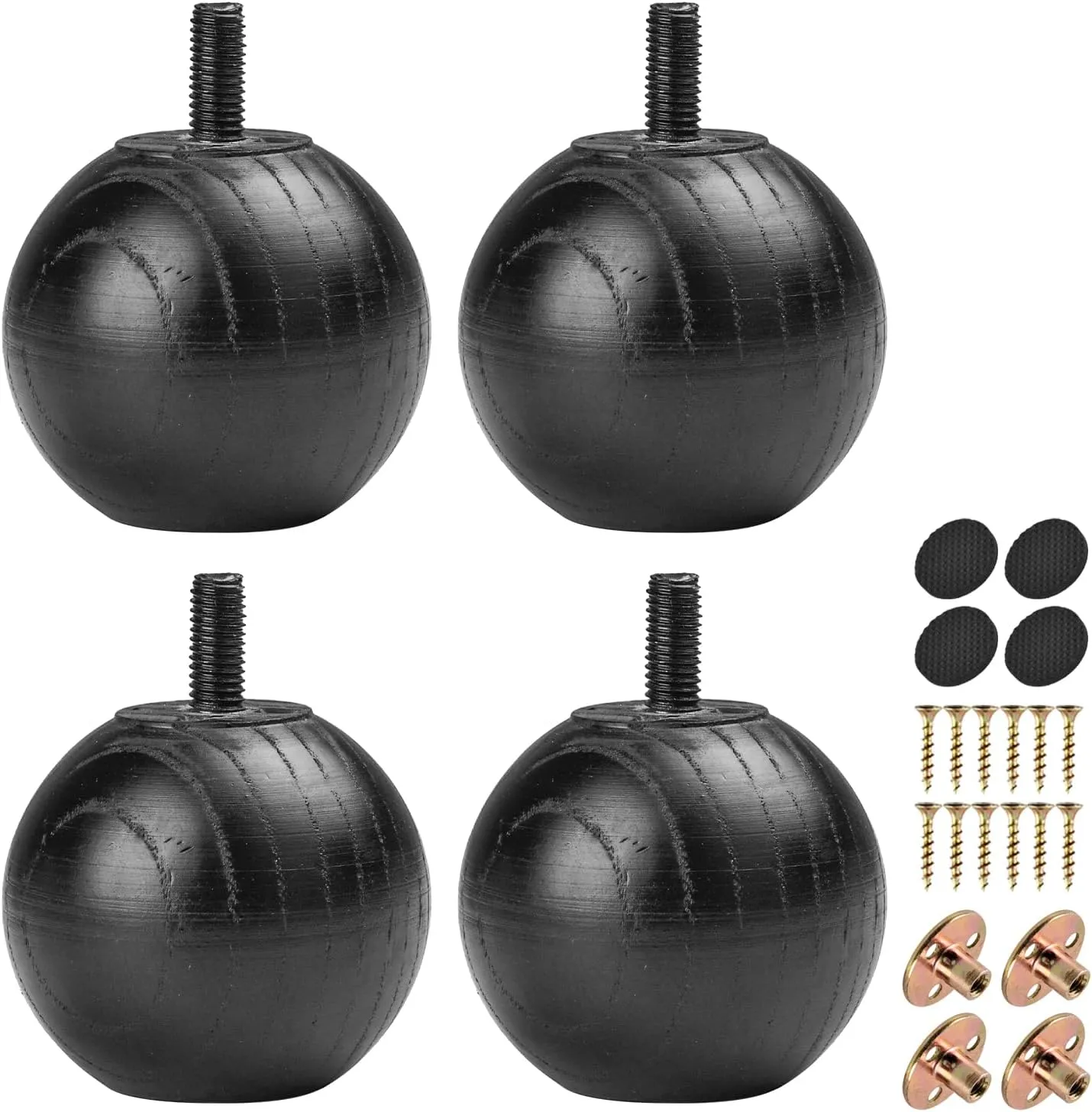 La Vane 2 inch Ash Wood Round Small Ball Furniture Bed Legs, Set of 4 Minimalist Modern Wooden Replacement Bun Feet Black with with M8 Bolt & Mounting Plate for Bed Sofa Dresser Cupboard Cabinet