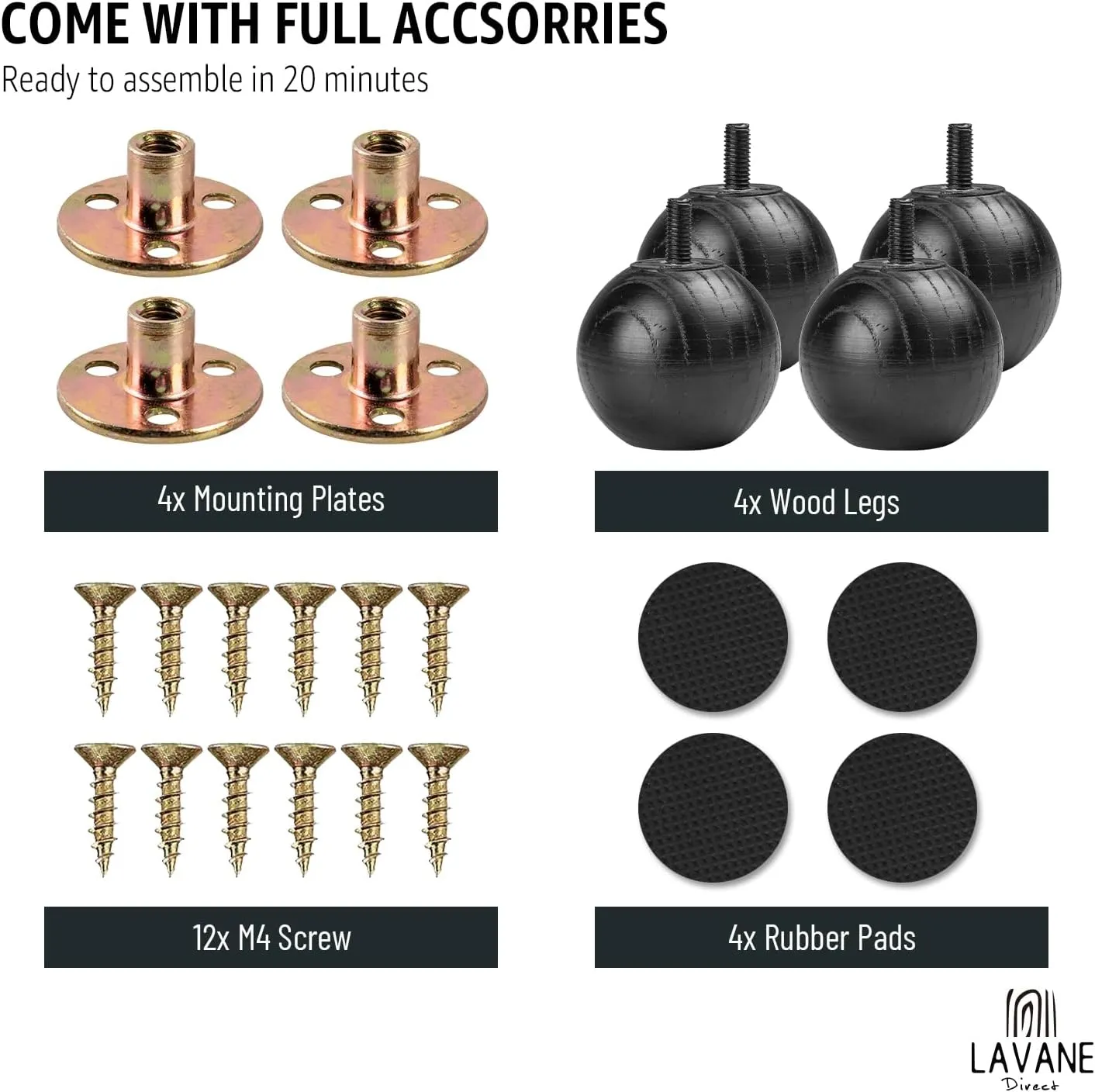 La Vane 2 inch Ash Wood Round Small Ball Furniture Bed Legs, Set of 4 Minimalist Modern Wooden Replacement Bun Feet Black with with M8 Bolt & Mounting Plate for Bed Sofa Dresser Cupboard Cabinet