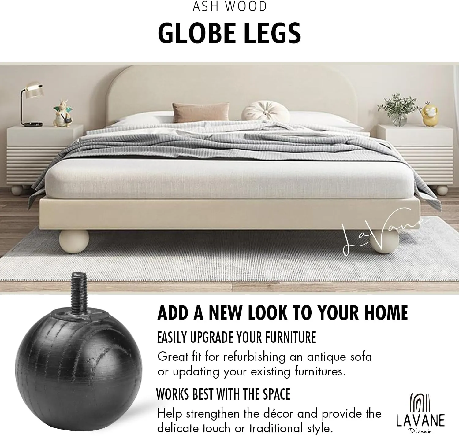 La Vane 2 inch Ash Wood Round Small Ball Furniture Bed Legs, Set of 4 Minimalist Modern Wooden Replacement Bun Feet Black with with M8 Bolt & Mounting Plate for Bed Sofa Dresser Cupboard Cabinet