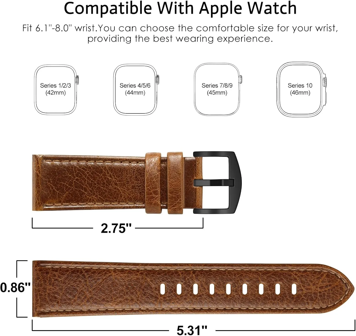 Leather Bands Compatible with Apple Watch 46mm 45mm 44mm 42mm(Series 1 2 3) Band Men Women, Vintage Genuine Leather Wristband Replacement Band Compatible for Apple Watch iwatch Series 10 9 8 7 6 5 4 SE