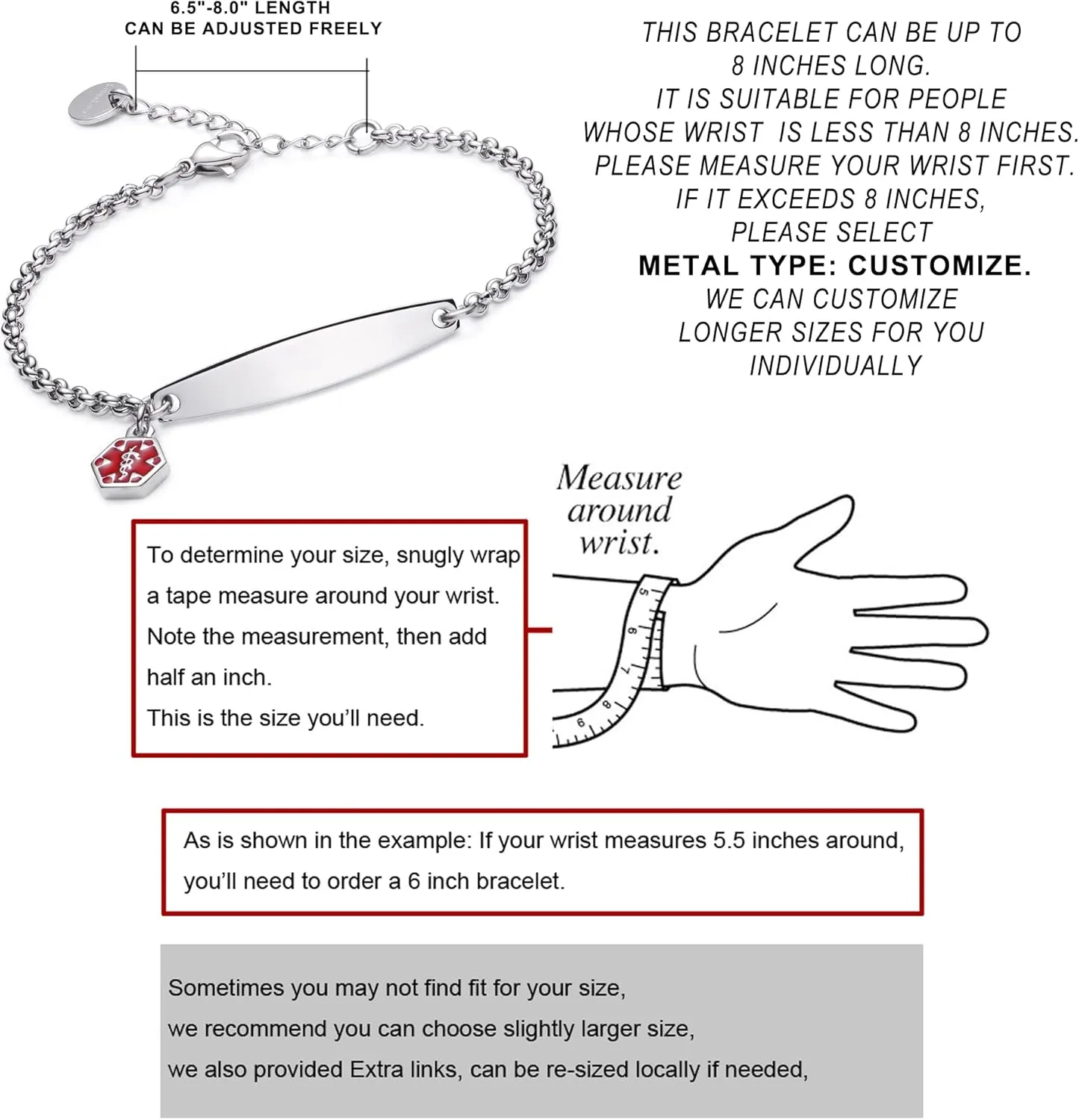 LinnaLove-Pre-engraved Simple Rolo chain Medical alert id bracelet for Women