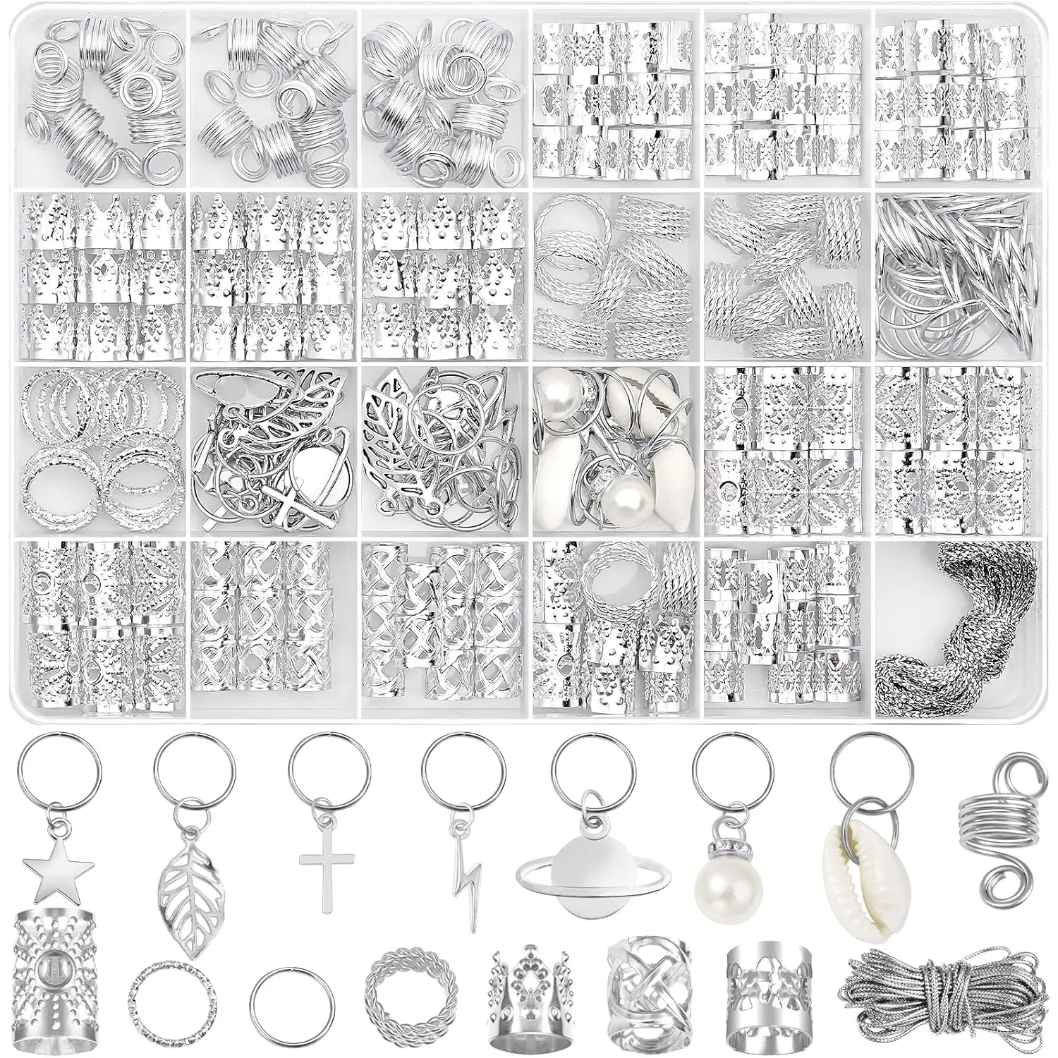 Lucomb 259 Pcs Hair Jewelry, Hair Accessories for Braids Silver Loc Jewelry for Hair Dreadlocks Braid Jewelry Hair Cuffs Clips Dreadlock Accessories for Women's Hair Charms Rings Decoration