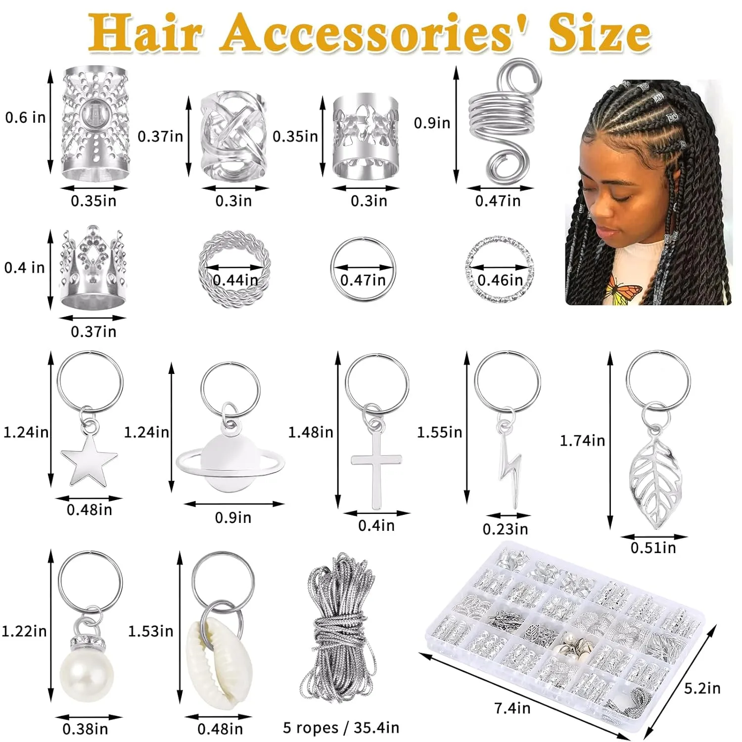 Lucomb 259 Pcs Hair Jewelry, Hair Accessories for Braids Silver Loc Jewelry for Hair Dreadlocks Braid Jewelry Hair Cuffs Clips Dreadlock Accessories for Women's Hair Charms Rings Decoration