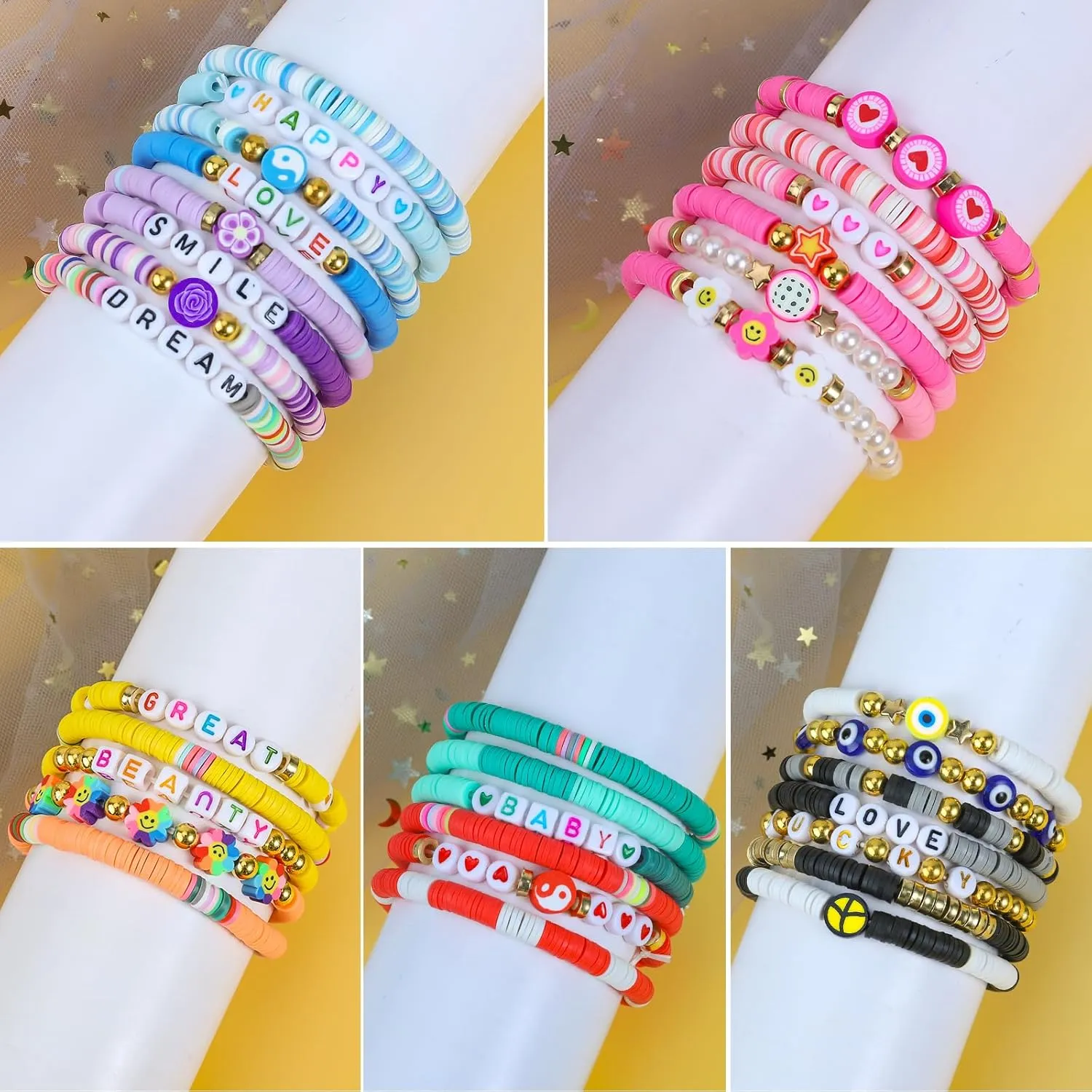 LUYI 32 Pcs Preppy Jewelry Bracelets for Women Clay Bead Colorful Surfer Heishi Bracelet Set Stackable Beaded Friendship Stretch Bracelets Boho Y2K Summer Beach Elastic Layering Bracelets