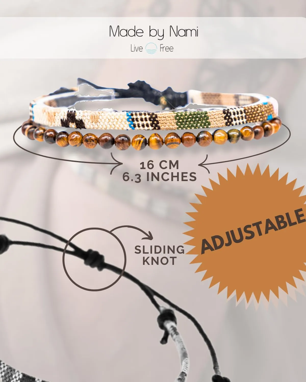 Made by Nami 2 Pcs Boho Surfer Bracelets for Men and Women Waterproof and Adjustable Beach Bracelets for Men and Women Set of 2 Beaded & Braided (Tiger-Eyes & Safari)