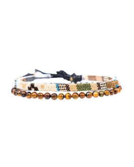 Made by Nami 2 Pcs Boho Surfer Bracelets for Men and Women Waterproof and Adjustable Beach Bracelets for Men and Women Set of 2 Beaded & Braided (Tiger-Eyes & Safari)
