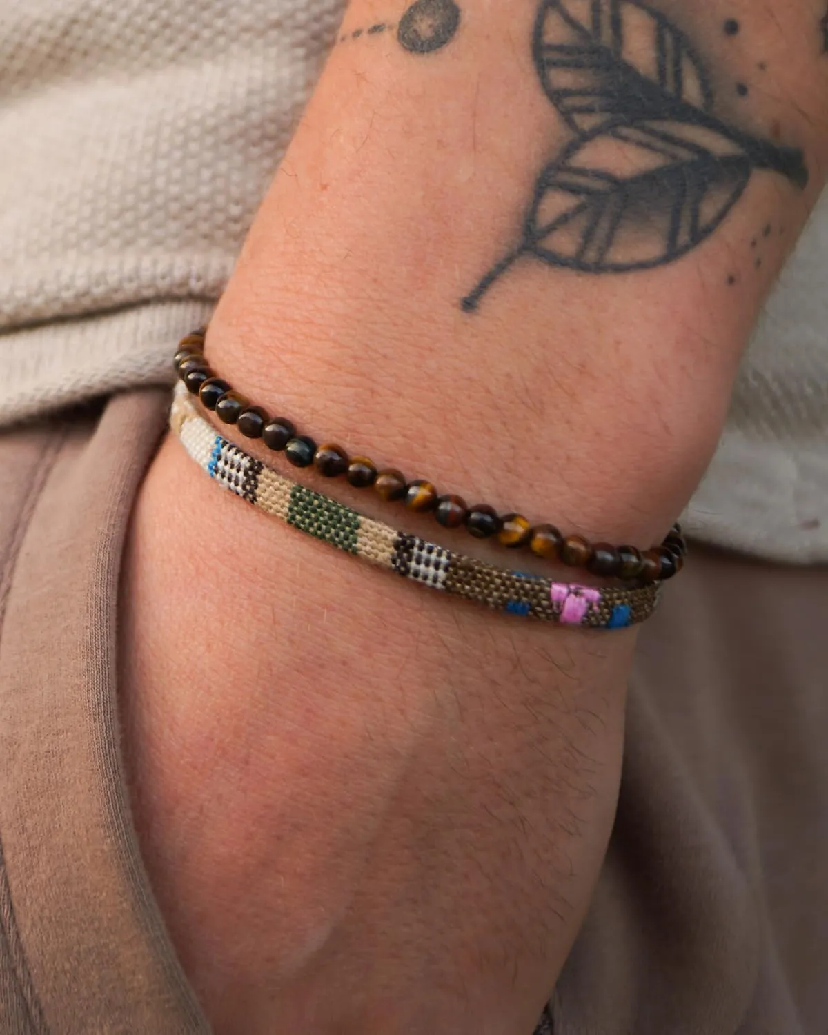 Made by Nami 2 Pcs Boho Surfer Bracelets for Men and Women Waterproof and Adjustable Beach Bracelets for Men and Women Set of 2 Beaded & Braided (Tiger-Eyes & Safari)