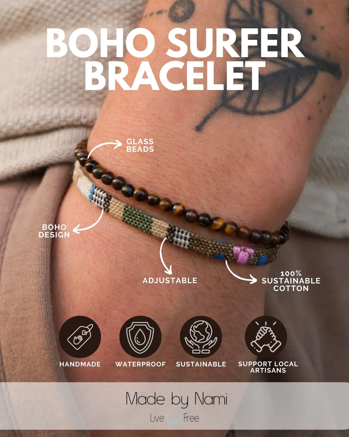 Made by Nami 2 Pcs Boho Surfer Bracelets for Men and Women Waterproof and Adjustable Beach Bracelets for Men and Women Set of 2 Beaded & Braided (Tiger-Eyes & Safari)