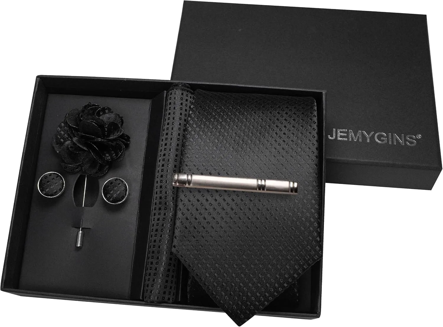 Mens Tie and Pocket Square,Lapel Pin,Cufflinks,Tie Clip Sets with Gift Box 5PCS