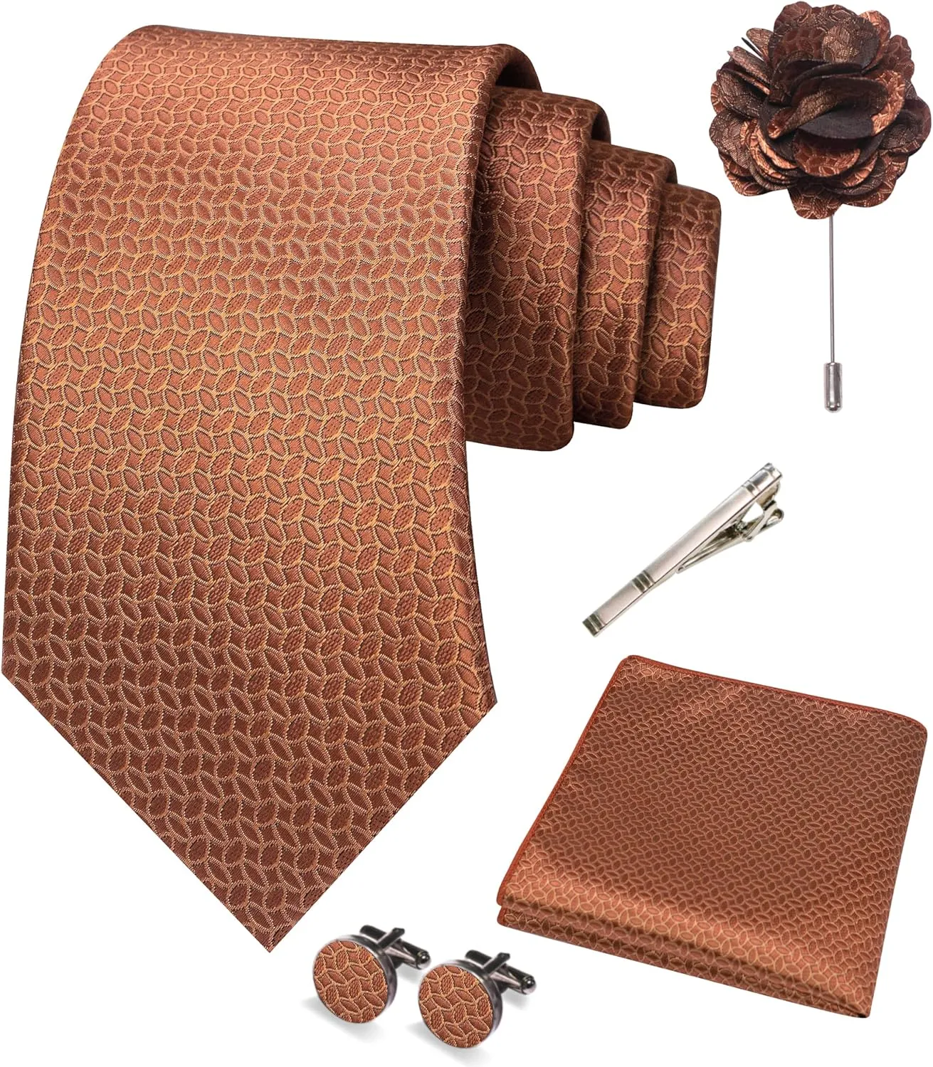 Mens Tie and Pocket Square,Lapel Pin,Cufflinks,Tie Clip Sets with Gift Box 5PCS