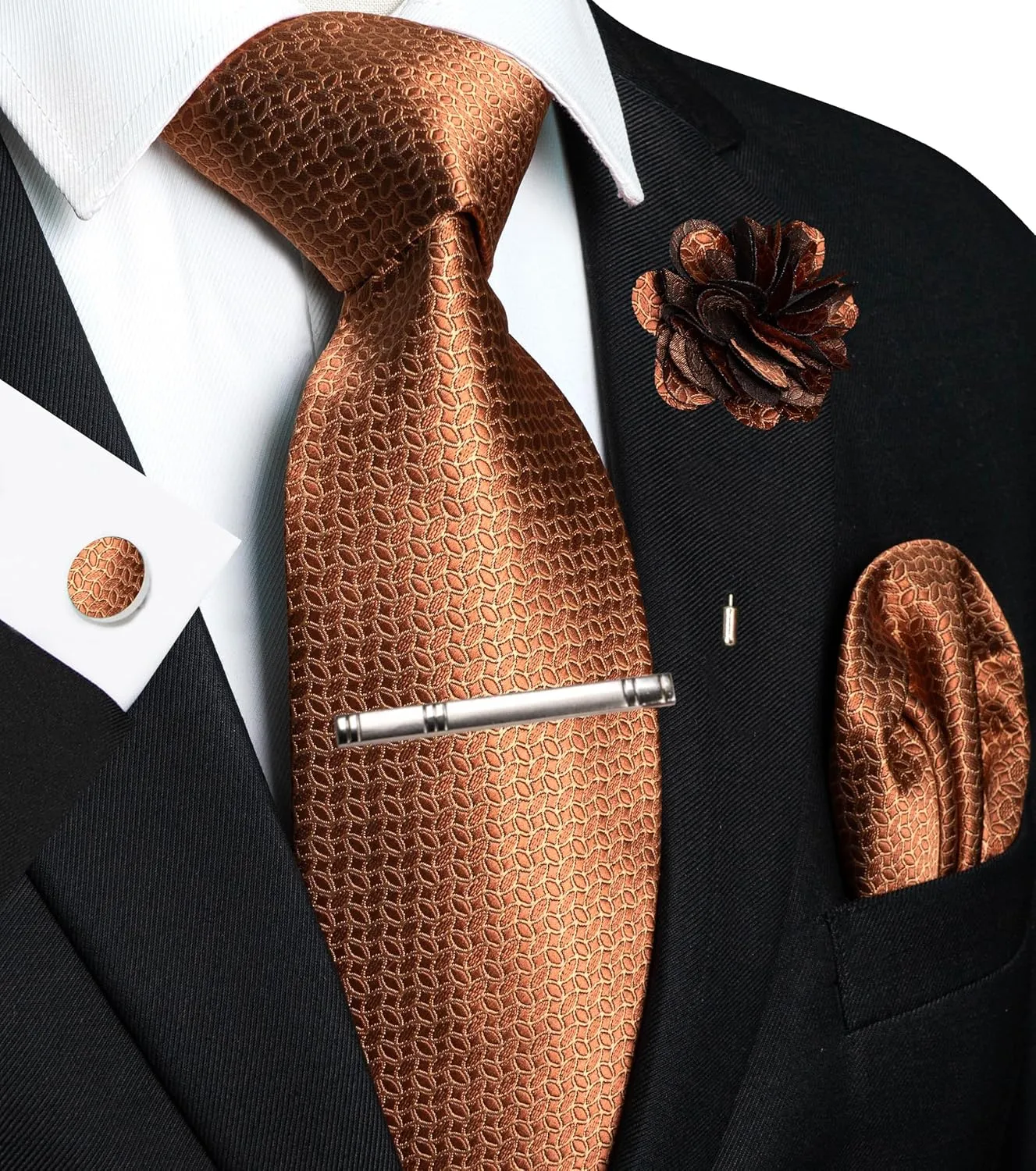 Mens Tie and Pocket Square,Lapel Pin,Cufflinks,Tie Clip Sets with Gift Box 5PCS