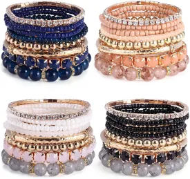 MILACOLATO 4 Sets Boho Bracelets for Women Multi-Color Layered Stackable Natural Beaded Bracelets Adjustable Stretch Bohemian Bracelets