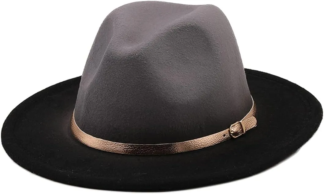 Mokkpeq Women Men Woolen Fedoras Top Hat Color Block Wide Brim Casual Round Top Bowler Hats with Belt Buckle
