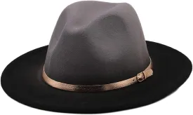 Mokkpeq Women Men Woolen Fedoras Top Hat Color Block Wide Brim Casual Round Top Bowler Hats with Belt Buckle