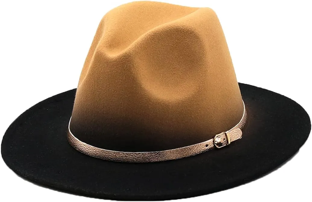 Mokkpeq Women Men Woolen Fedoras Top Hat Color Block Wide Brim Casual Round Top Bowler Hats with Belt Buckle