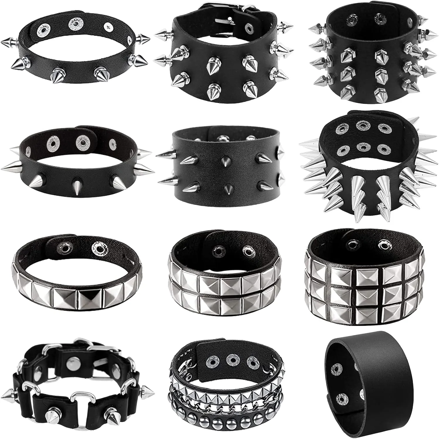 NEWITIN 12 Pieces PU Leather Bracelets Punk Bracelet Adjustable Goth Cuff Bracelet Gothic Rivet Buckle Wristbands Black Bracelets for Men Women