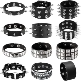 NEWITIN 12 Pieces PU Leather Bracelets Punk Bracelet Adjustable Goth Cuff Bracelet Gothic Rivet Buckle Wristbands Black Bracelets for Men Women