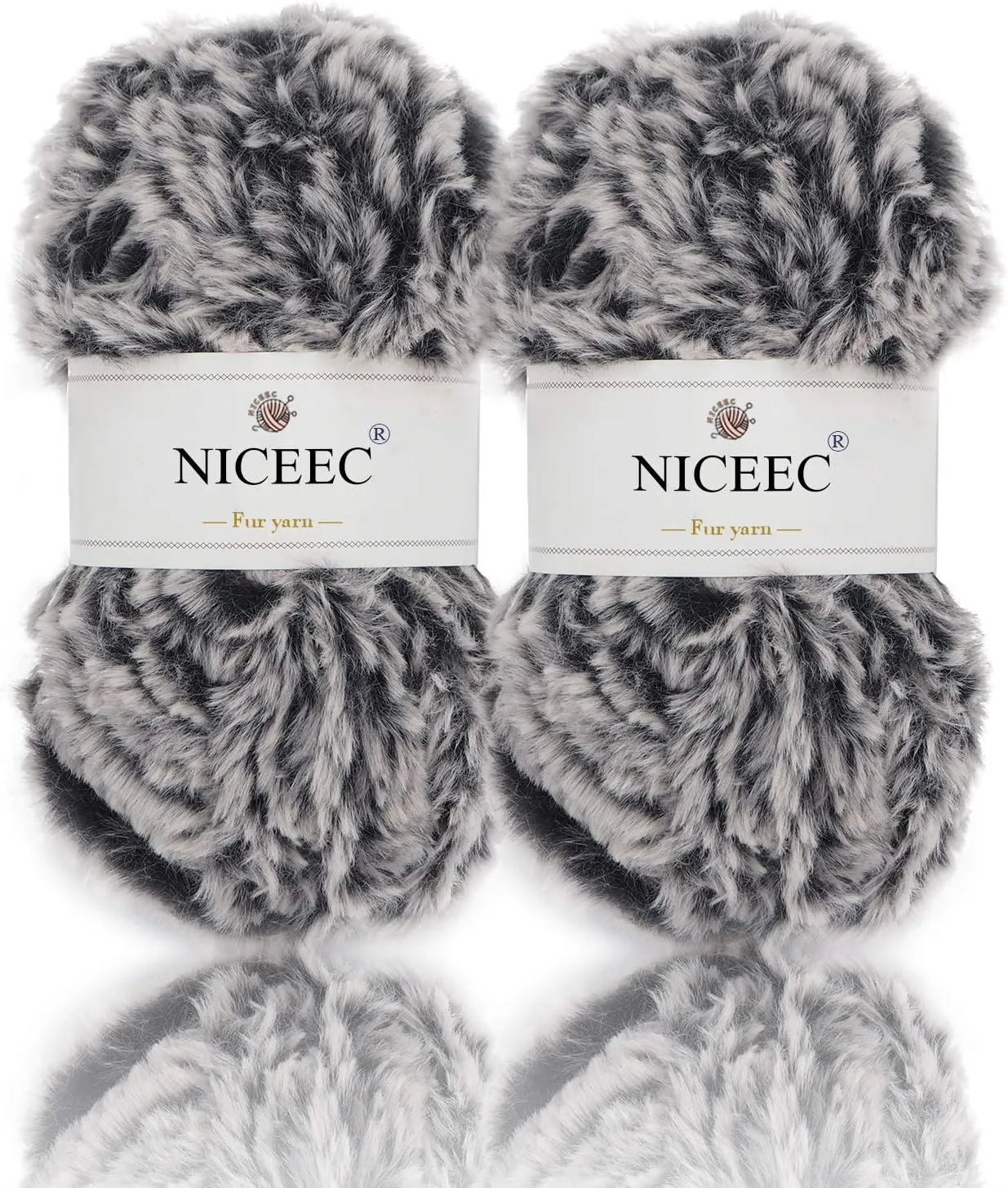 NICEEC 2 Skeins Faux Fur Yarn Super Soft, Chunky & Fluffy, Eyelash Yarn for Crochet & Knitting (Total Length 70yds,3.53oz) - Black with White